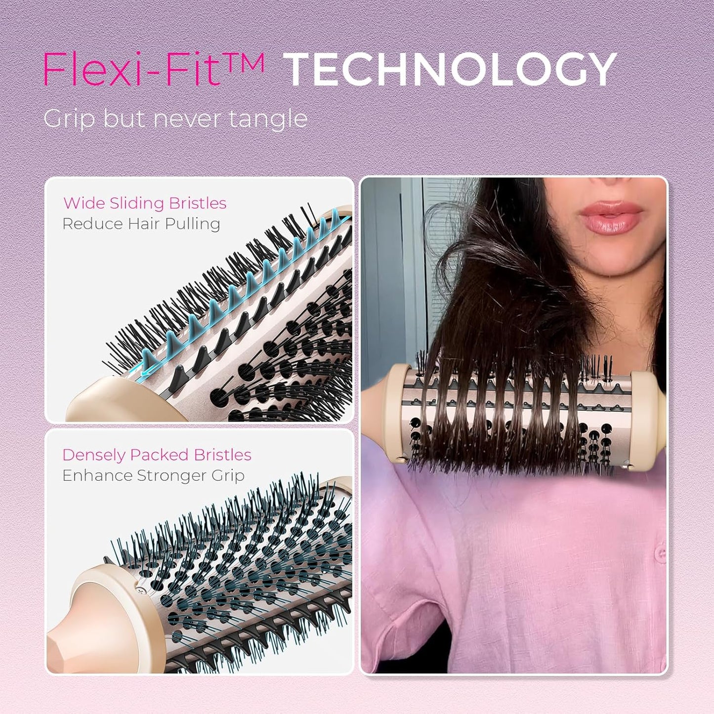 TYMO 2.0 Thermal Brush Curling Brush - STYLUX 1.7" Blowout Volumizer with Flexi-Fit for Hair Straightening, Heated Round Styler Tool, Hair Straightener and Curler 2 in 1, Dual Voltage & Light, Pink