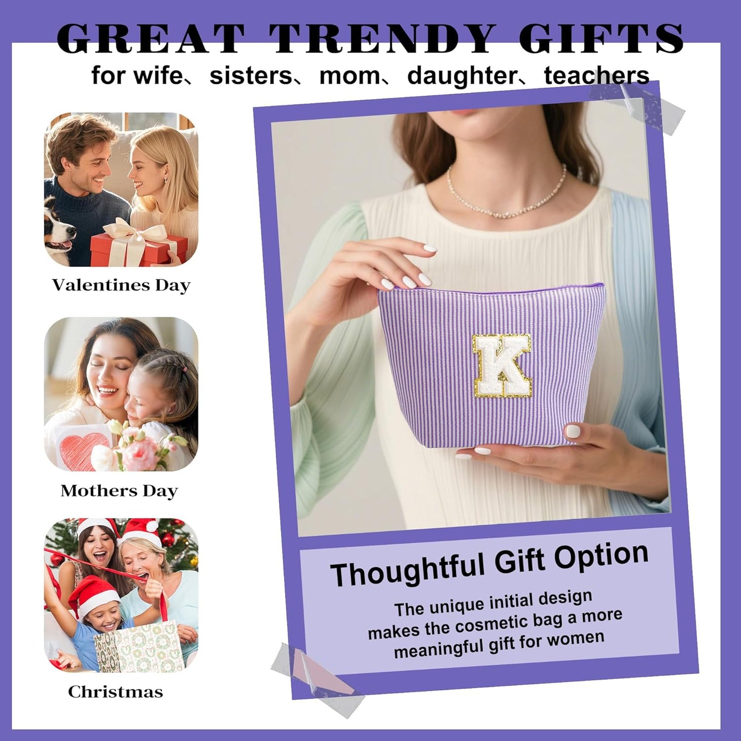 Initial Makeup Kit - Cosmetic Bags for Women, Make up Bag Set Portable Travel Toiletry Bag with Zipper, Cute Purple Stuff Birthday Gifts for Women Mom Girlfriend, Purple Letter C