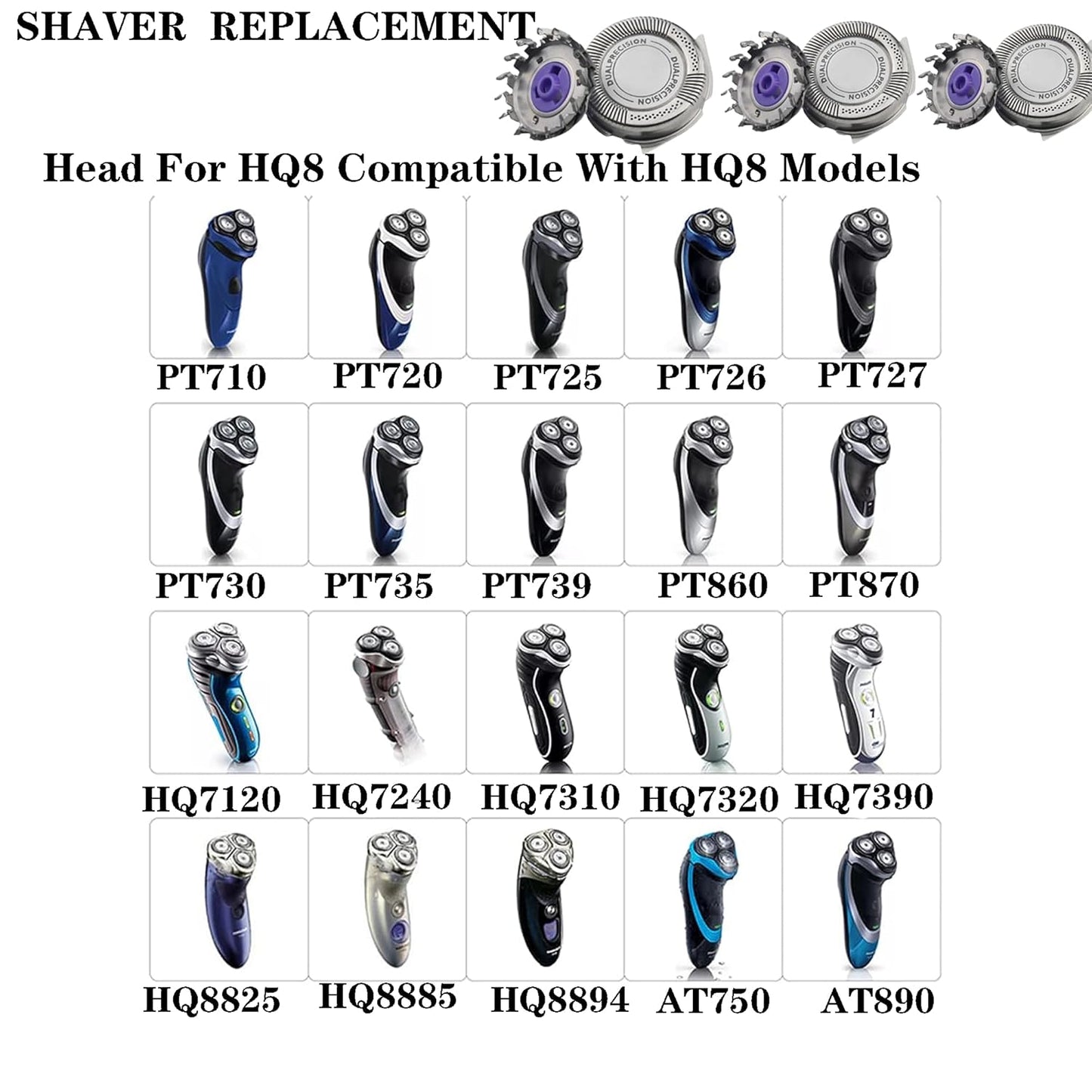 HQ8 Replacement Heads blades for Aquatec Shavers HQ8 Replacement Razor Blades Compatible with Shavers AT810 AT880 PT720 AT815 HQ8505 Heads 9-Pack