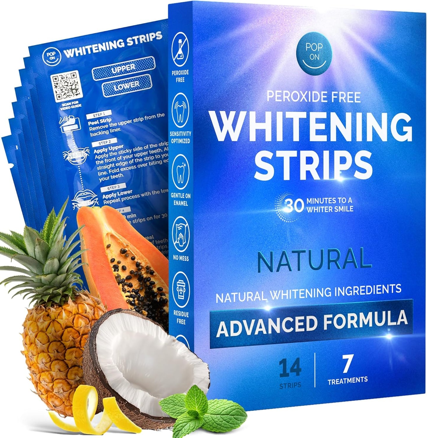 Whitening Strips for Sensitive Teeth – Enamel Safe, Peroxide-Free Coconut Teeth Whitening Strips with Natural Enzymes – Gentle White Stips for Sensitive Gums (14 Count, Mint)