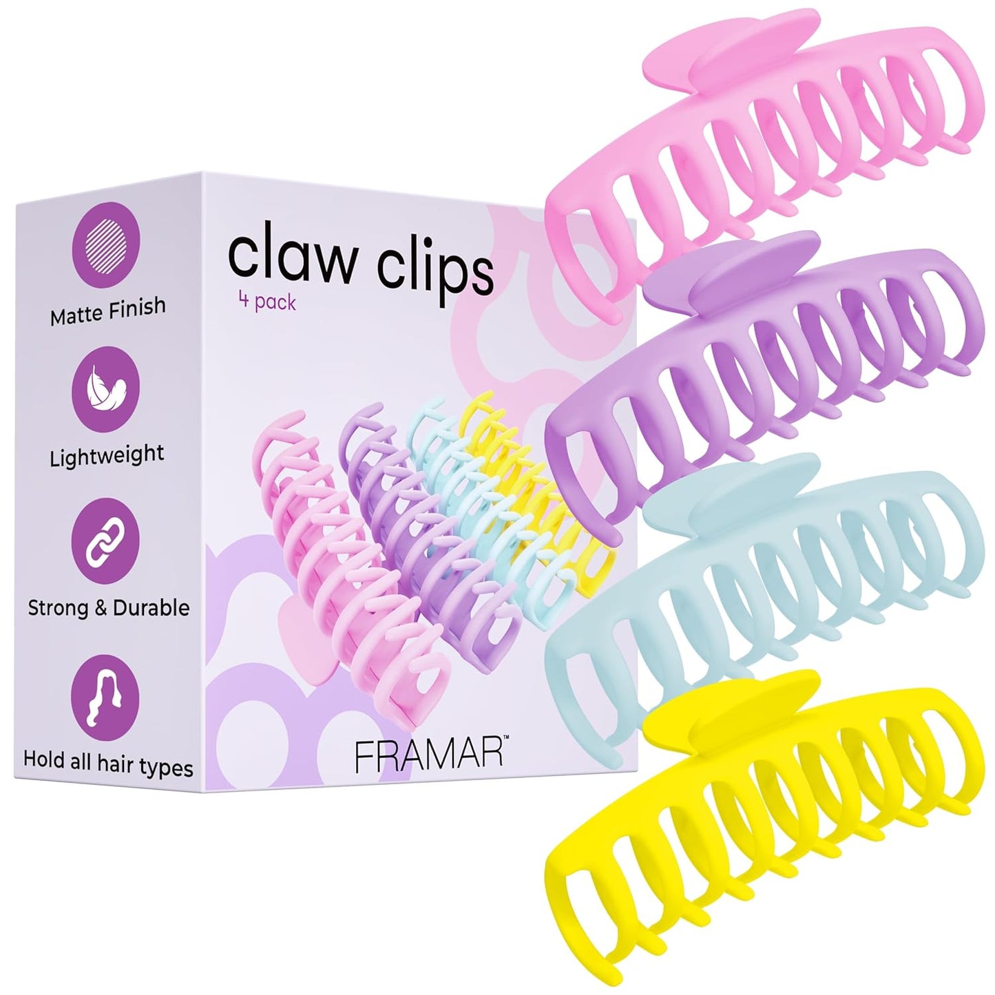 FRAMAR Large Claw Clips For Thick Hair – Large Hair Clip For Thick Hair, Big Hair Clips For Women, Hair Claws Clips For Women, Pastel Hair Clips, Pastel Claw Clip - 4 Pack Non Slip Matte Finish
