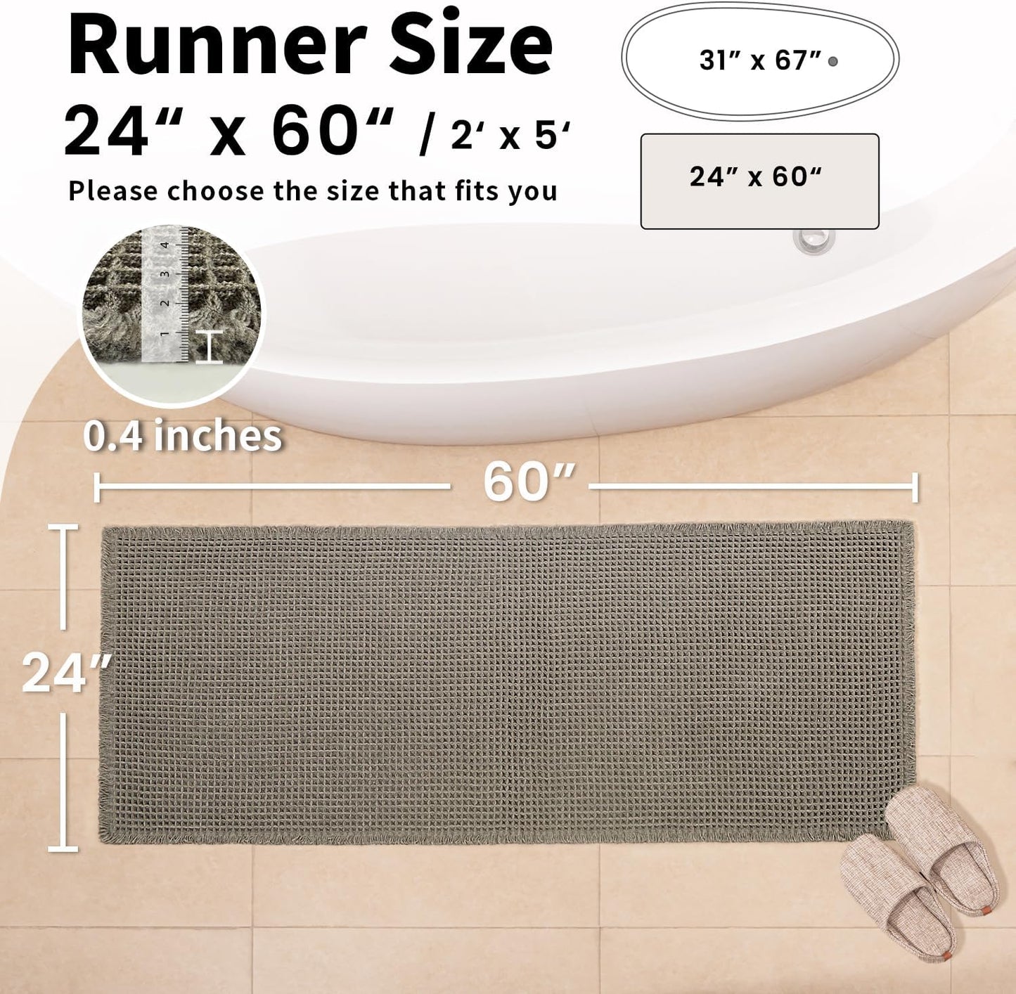 Waffle Runner Bath Mat - Long Boho Bathroom Rugs Non Slip Washable, Super Absorbent & Quick Dry, Soft Bath Mat Farmhouse Bathroom Decor, 24'' x 60'', Olive Green