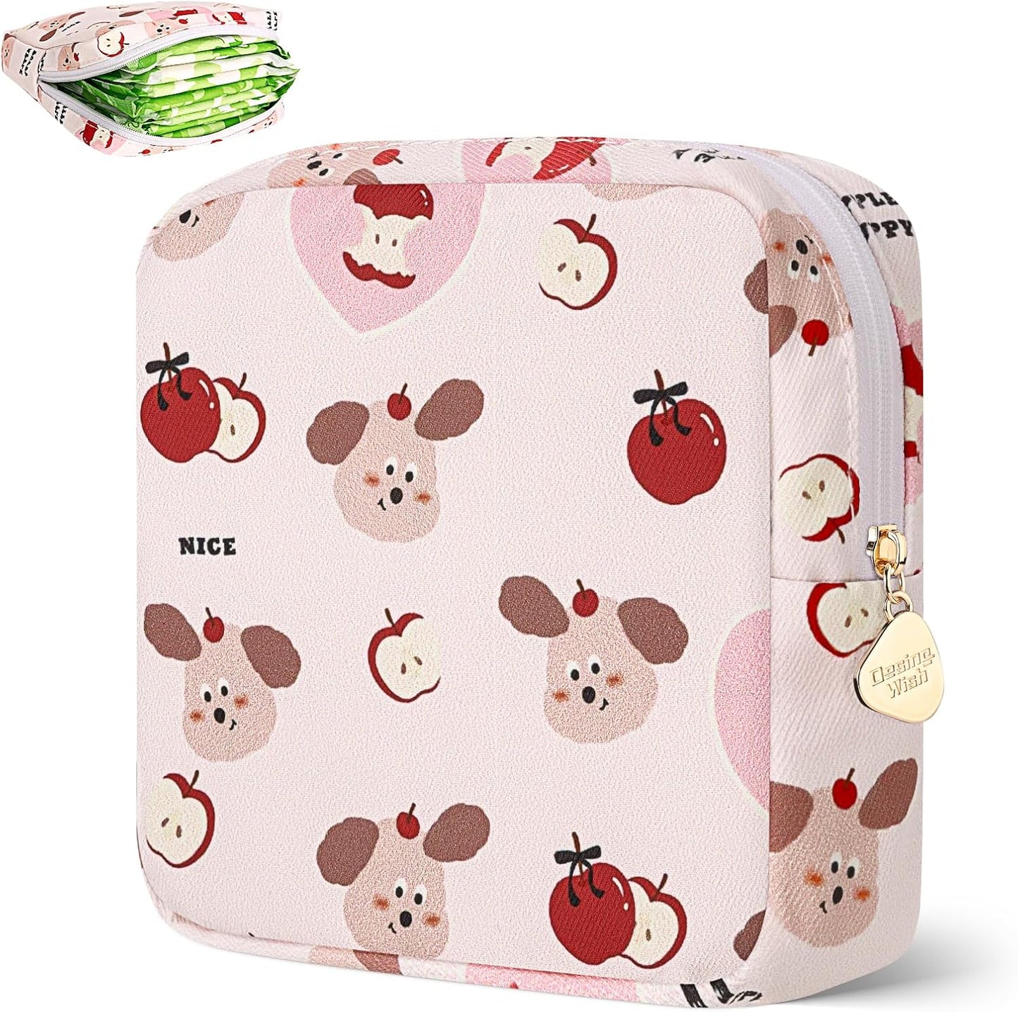 Desing Wish Sanitary Pad Storage Bag Portable Period Bag for Teen Pads/Sanitary Napkins/Small Tampons, Sanitary Napkin Storage Bag First Period Gifts for Teen Girls (Fruits Puppy)