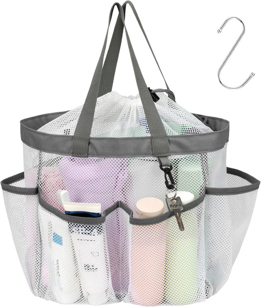 F-color Mesh Shower Caddy Portable with Drawstring - Upgrade Deeper 7 Pockets Dorm Room Essentials for Guys Girls with S Hook, Shower Bag Basket Tote for College Camping Toiletry Bathroom, White