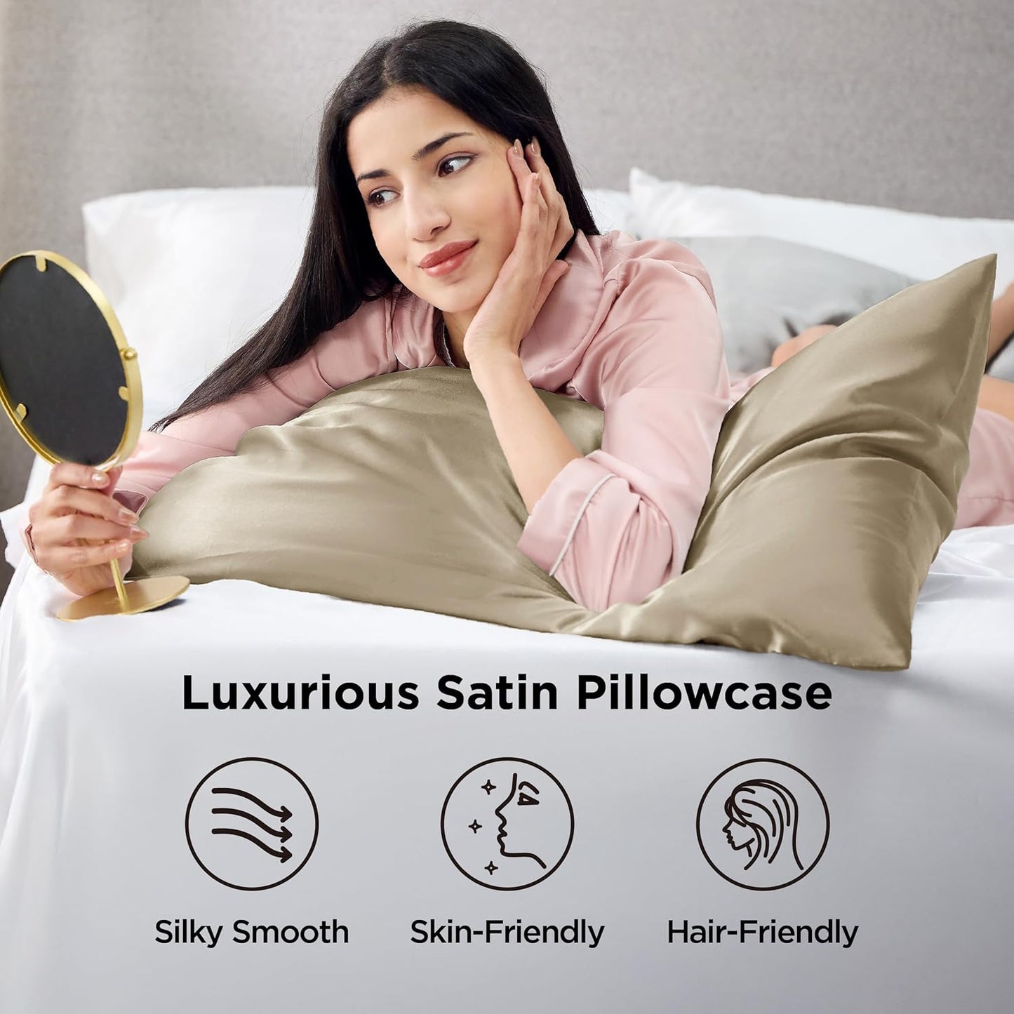 Bedsure Satin Pillowcase 2 Pack Similar to Silk Pillow Cases Standard Size, Pillow Case for Sleeping Women with Envelope Closure, Gifts for Women Men, Taupe, 20x26 Inches, 2pcs