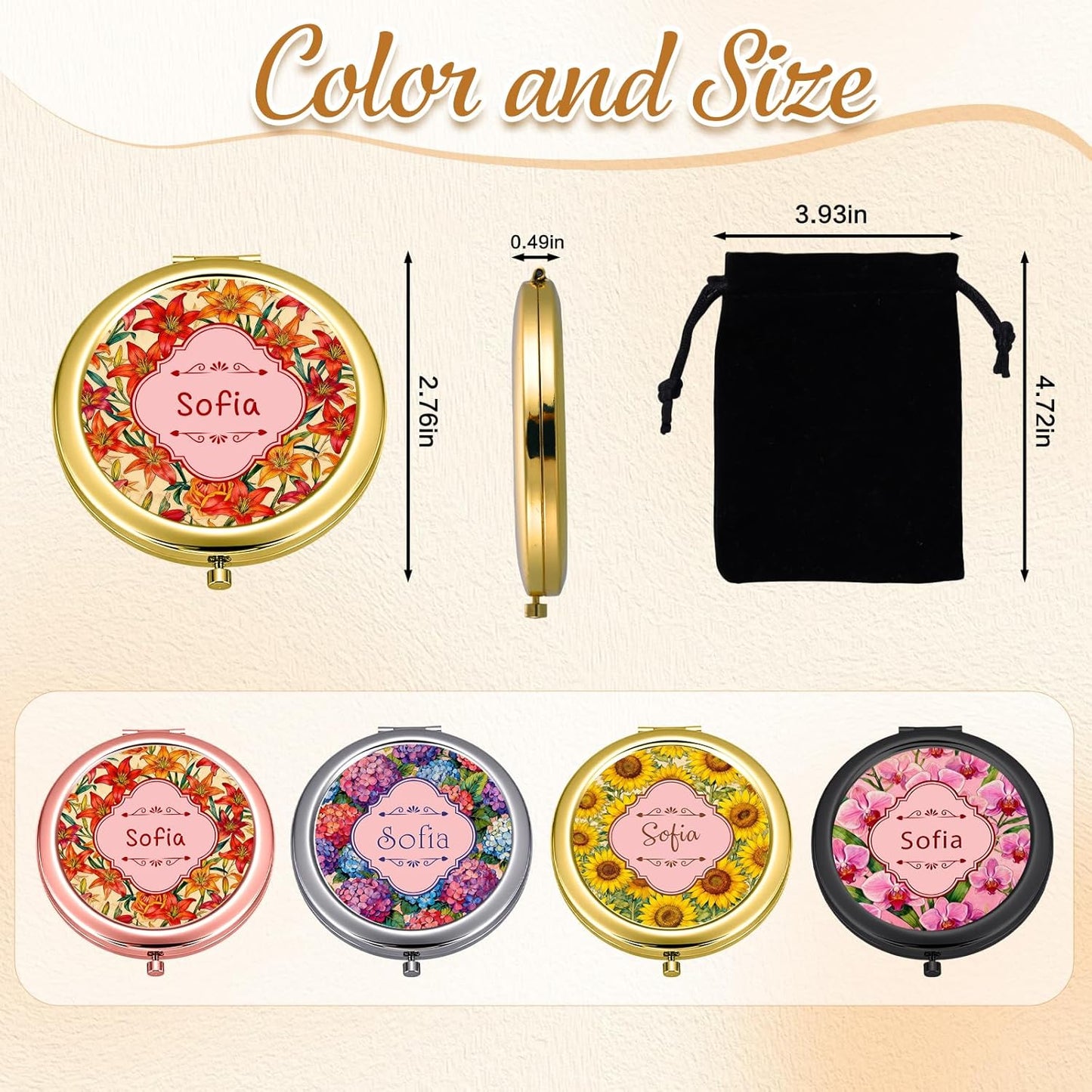 Custom Compact Mirror with Name - Personalized Flip Makeup Travel Pocket Mirror Gift for Women Bridesmaids Wedding Birthday (Romantic Flower)