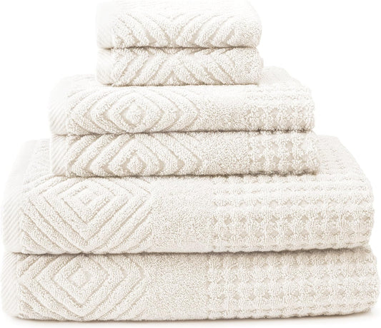 Texere 100% Organic Cotton Jacquard 650 GSM Premium Bath Towel Set - Extra Absorbent Quick Dry and Plush (Cable, Light Taupe, 2 Bath & 2 Hand Towels)