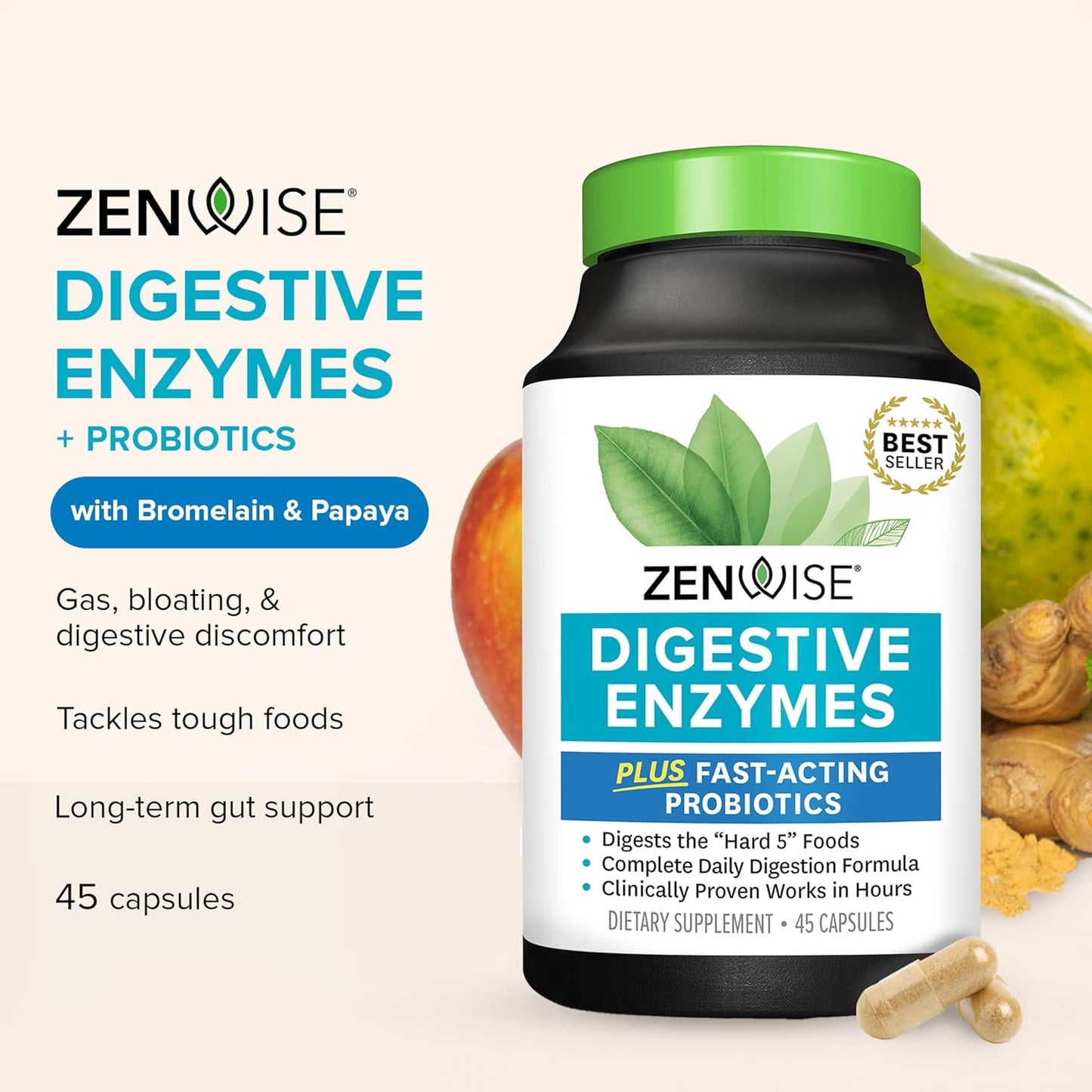Zenwise Health Digestive Enzymes for Gut Health & Bloating Relief - Multi Enzymes Digestion Supplement with Probiotics, Bromelain & Papaya for Digestive Health Support - Men & Women - 45 Count