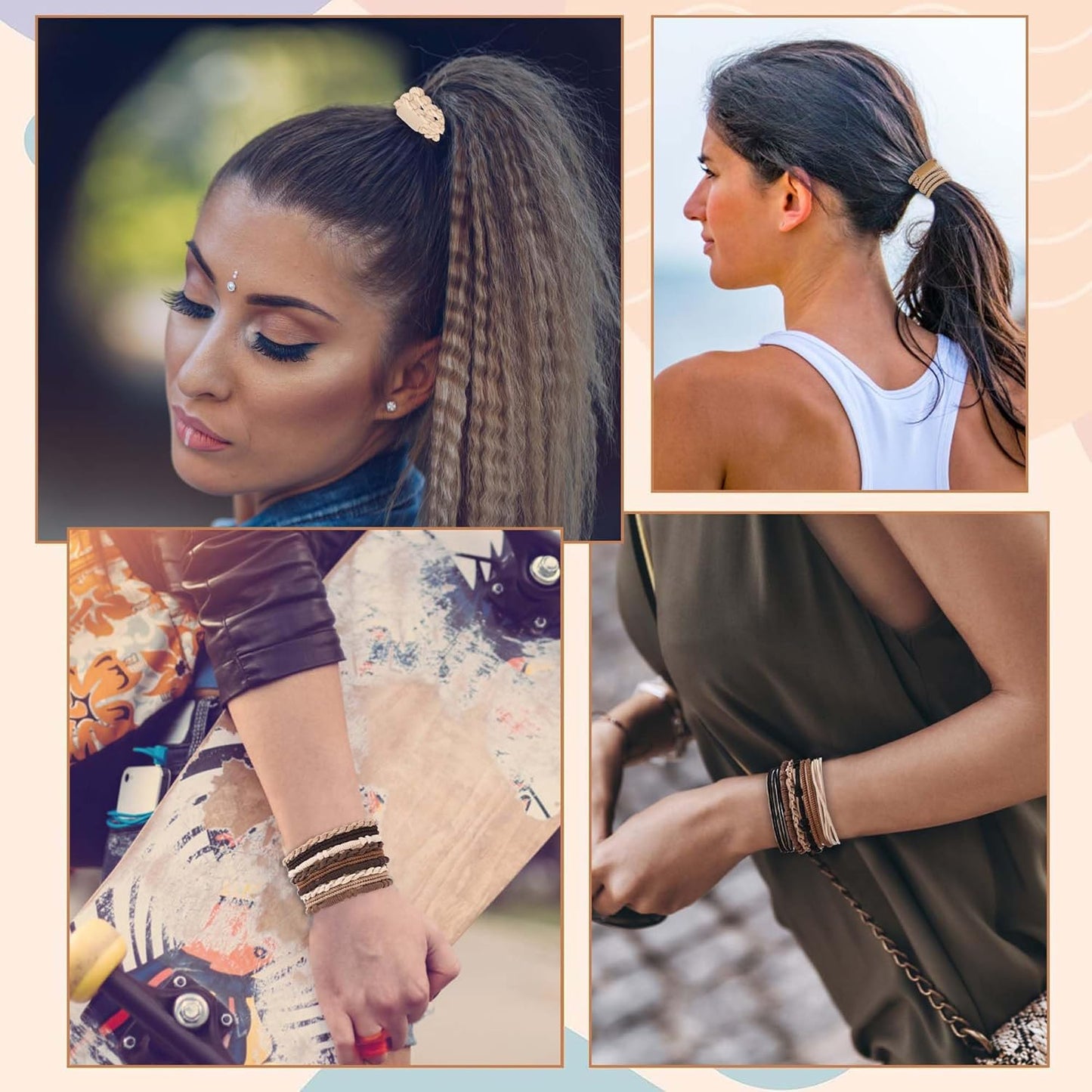 Hair Accessories Set for Women: 20 Boho Hair Ties in 5 Neutral Colors, 4 Stylish Hair Bands Bracelets for Thick or Thin No Damage Ponytails