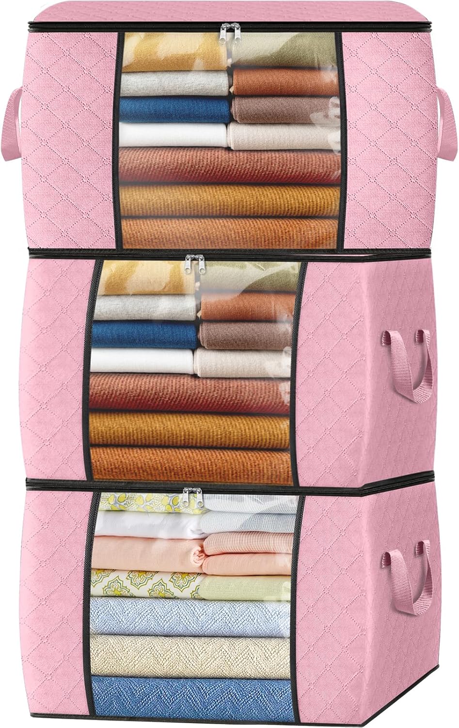 Fab totes 24 Gallons Clothes Storage, Foldable Thick Fabric Blanket Storage Bags, Containers for Organizing Bedroom, Closet, Clothing, Comforter, Organization with Handle (3 Pack,Pink)