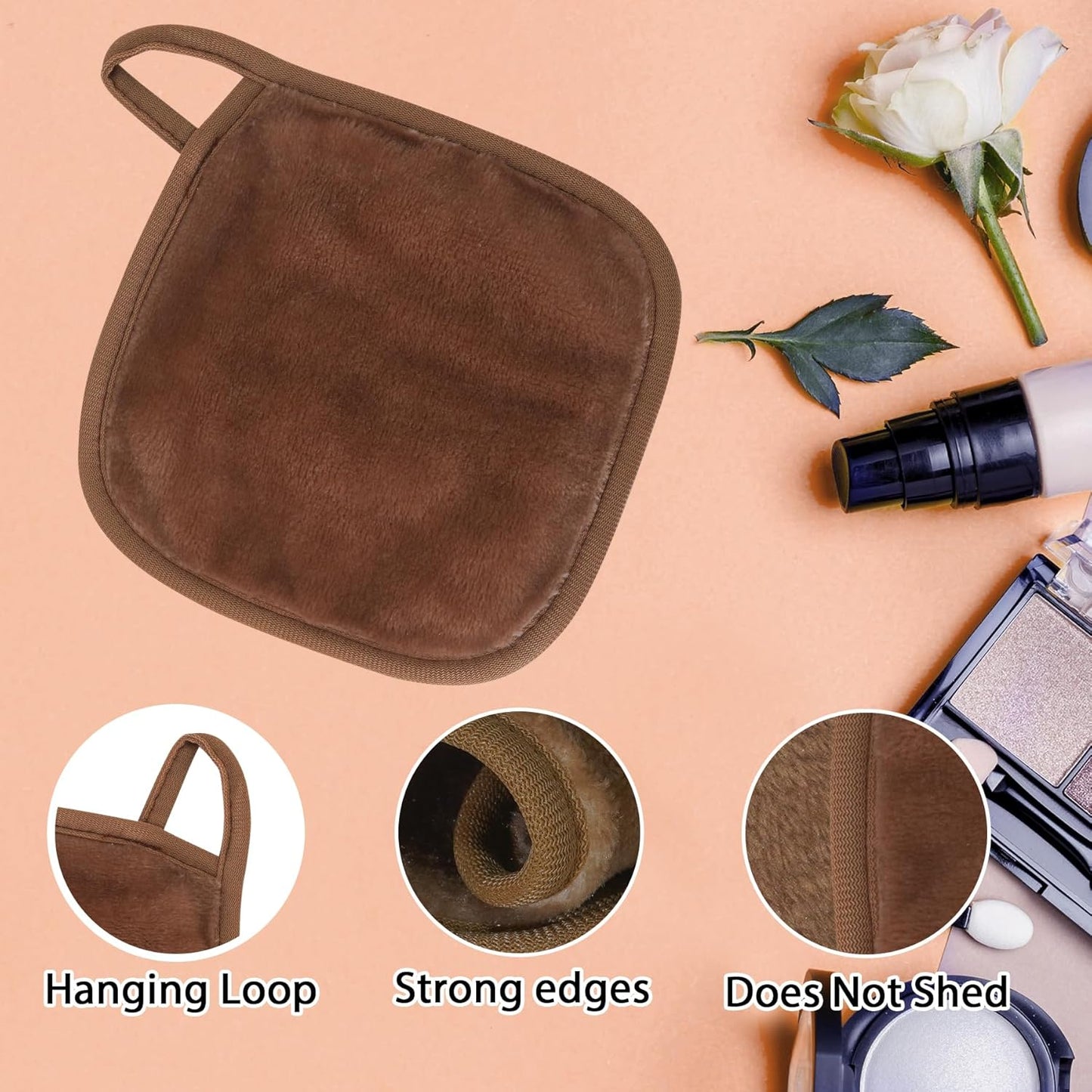 Makeup Remover Cloth, 6" x 6" Make Up Towels Reusable Face Cloth for Washing Face, Makeup Remover Pads Microfiber Face Washcloth with Mesh Bag, Just Water, 12 Pack, Brown