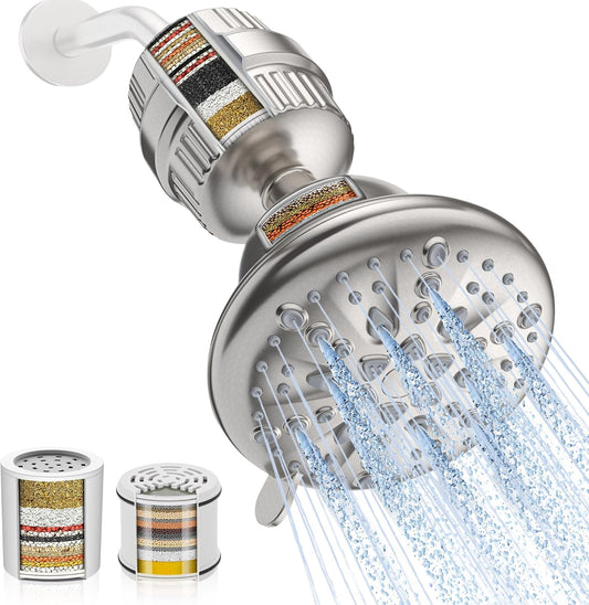 Cobbe Luxury Double Filtered Shower Head, High Output 16+20 Stages – 99% REMOVAL Shower Filters for Hard Water Removes Chlorine and Harmful Substances, 7-Model Setting Spray, Brushed Nickel