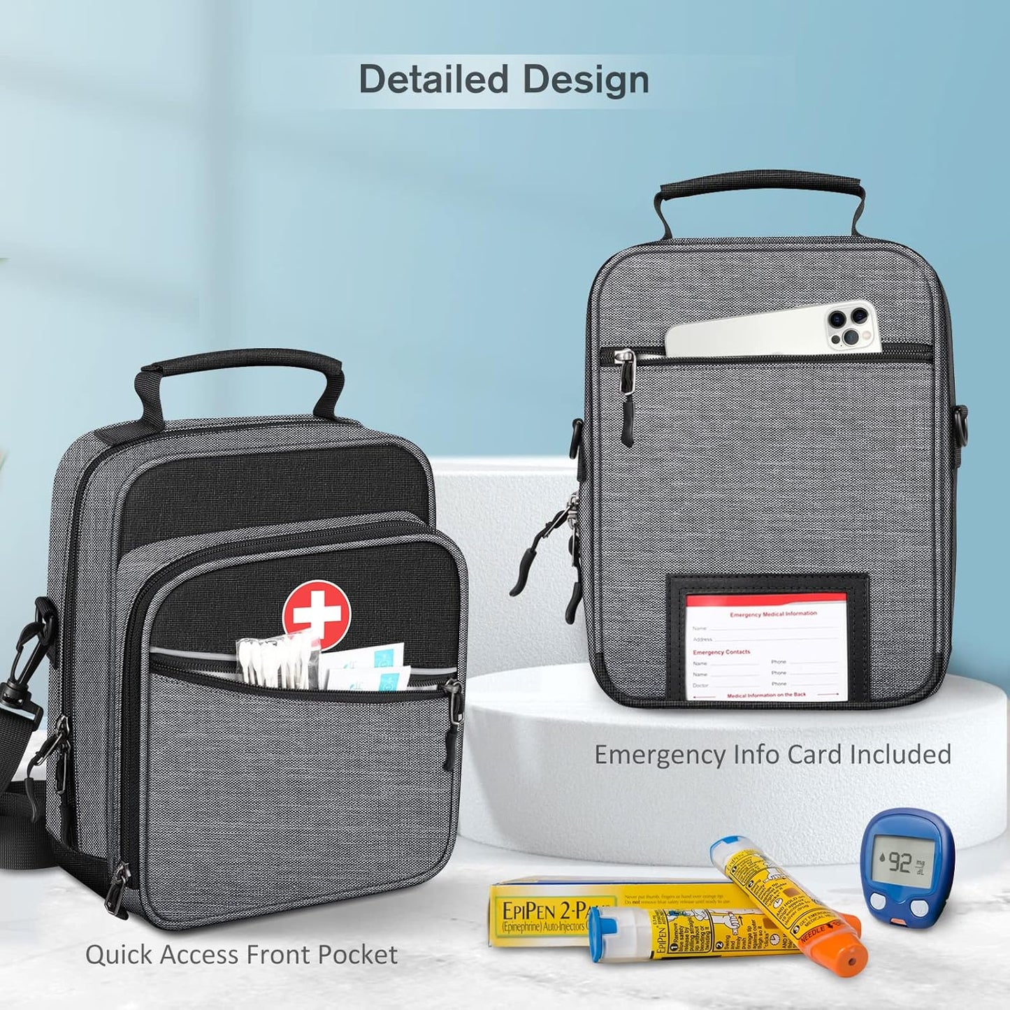 Insulin Cooler EpiPen Carrying Case Insulated, Travel Medication Diabetes Supplies Organizer Bag with Shoulder Strap for Asthma Inhaler, Auvi-Q, Allergy Medicine Essentials (Gray)