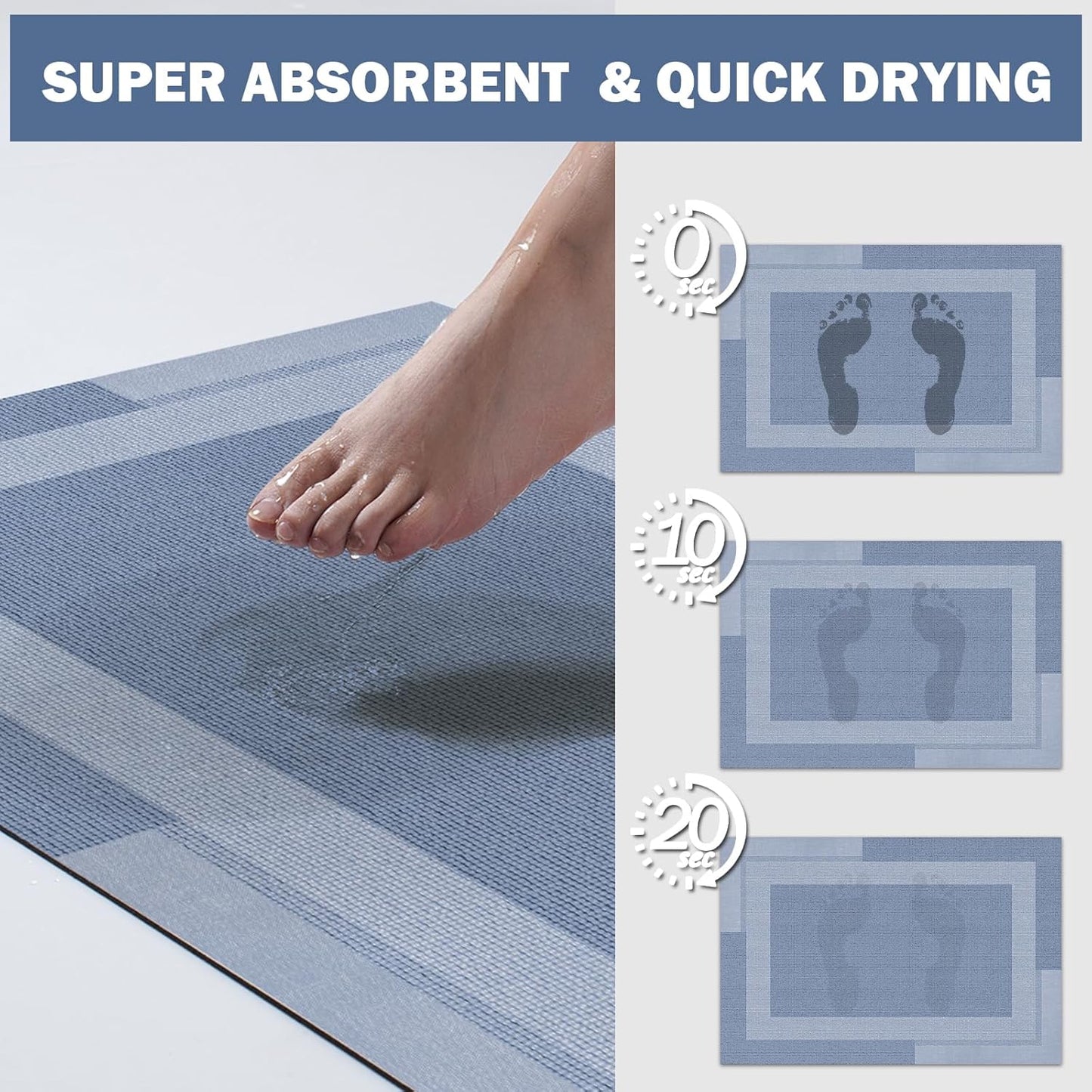 Non Slip Long Bath Mat Bathroom Runner, Rubber Backing Ultra Thin Bathroom Rugs Fit Under Door Quick Dry Super Absorbent Washable Bath Rug Shower Mat for Bathtub Sink Floor, Blue 24"x48"