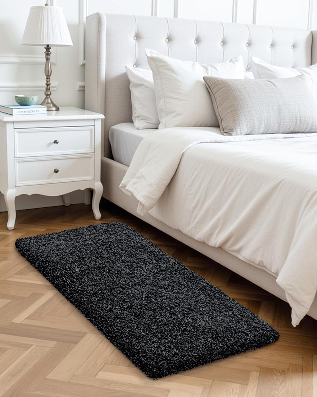 ILANGO Black Bathroom Rugs 60" × 24" Non Slip & Super Absorbent Thick Soft, Washable Bath Carpet Runner for Floor, Microfiber Plush Shaggy Bath Mats with Rubber for Bedroom Bathtub Shower Room