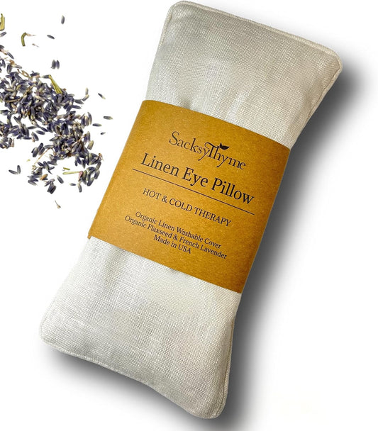Organic Linen Eye Pillow - Lavender & Flaxseed for Relaxation, Yoga, Stress Relief - Microwavable Heating Pad & Cool Compress - Made in USA - Gifts for Meditation