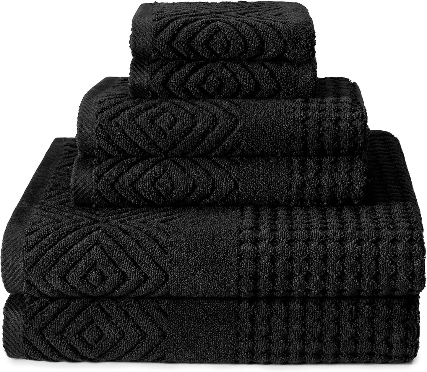 Texere 100% Organic Cotton Diamond Jacquard 700 GSM Luxury Bath Towel Sets - Spa Quality Bath Towels, Hand Towels, Washcloths (Diamond, Black, 6 Piece)