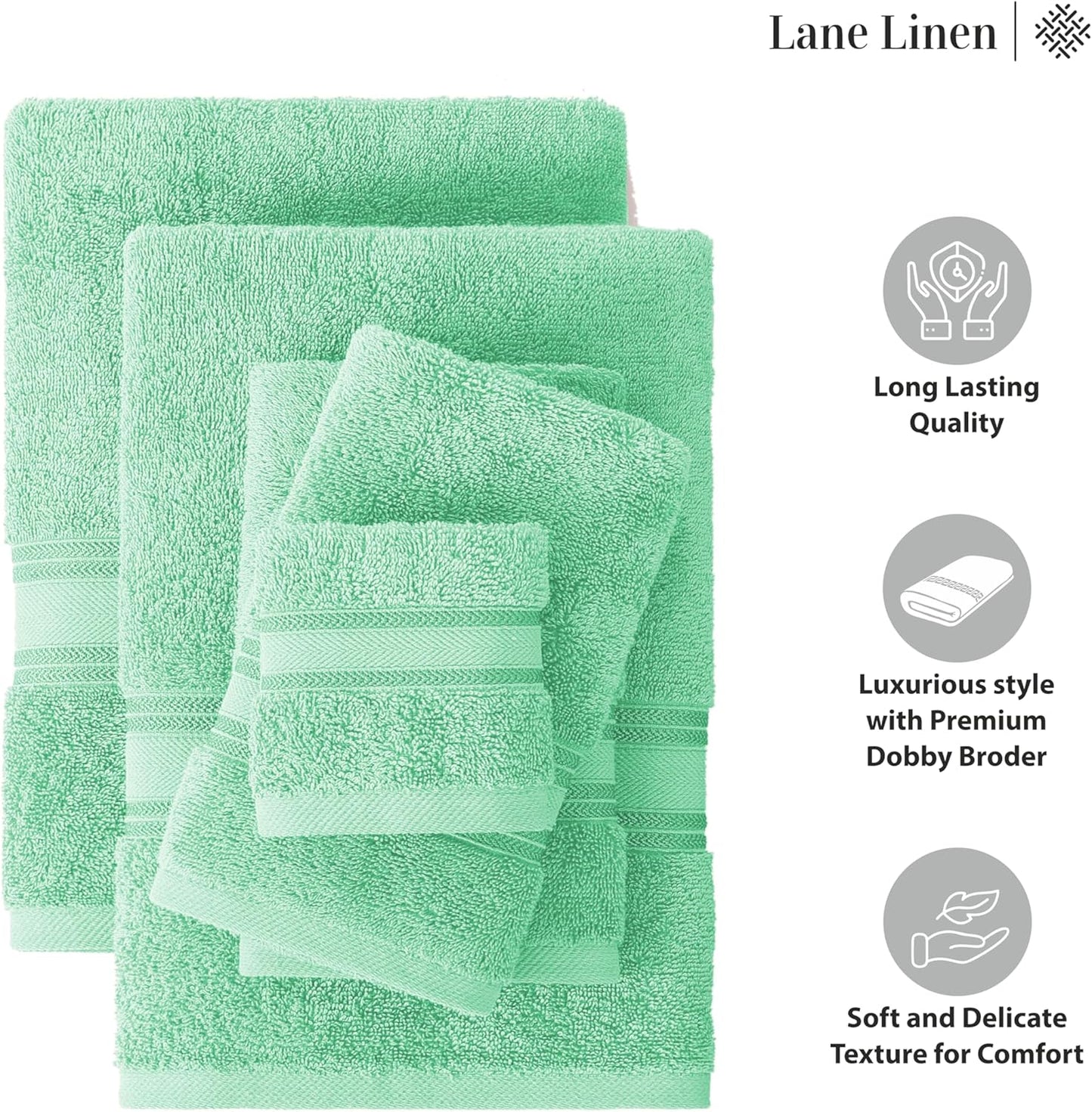 LANE LINEN Luxury Bath Towels Set - 6 Piece Set, 100% Cotton Bathroom Towels, Zero Twist, Quick Dry Soft Absorbent Shower 2 Bath Towel, 2 Hand Towel, 2 Wash Cloths - Aqua Sky