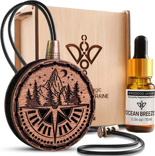 Wood Car Air Freshener — Handmade Car Air Freshener — Compass Mountains Designed Fragrance Oil Diffuser in Wooden Gift Box — Aromatherapy Set with Ocean Breeze Fragrance Oil - 10 ml