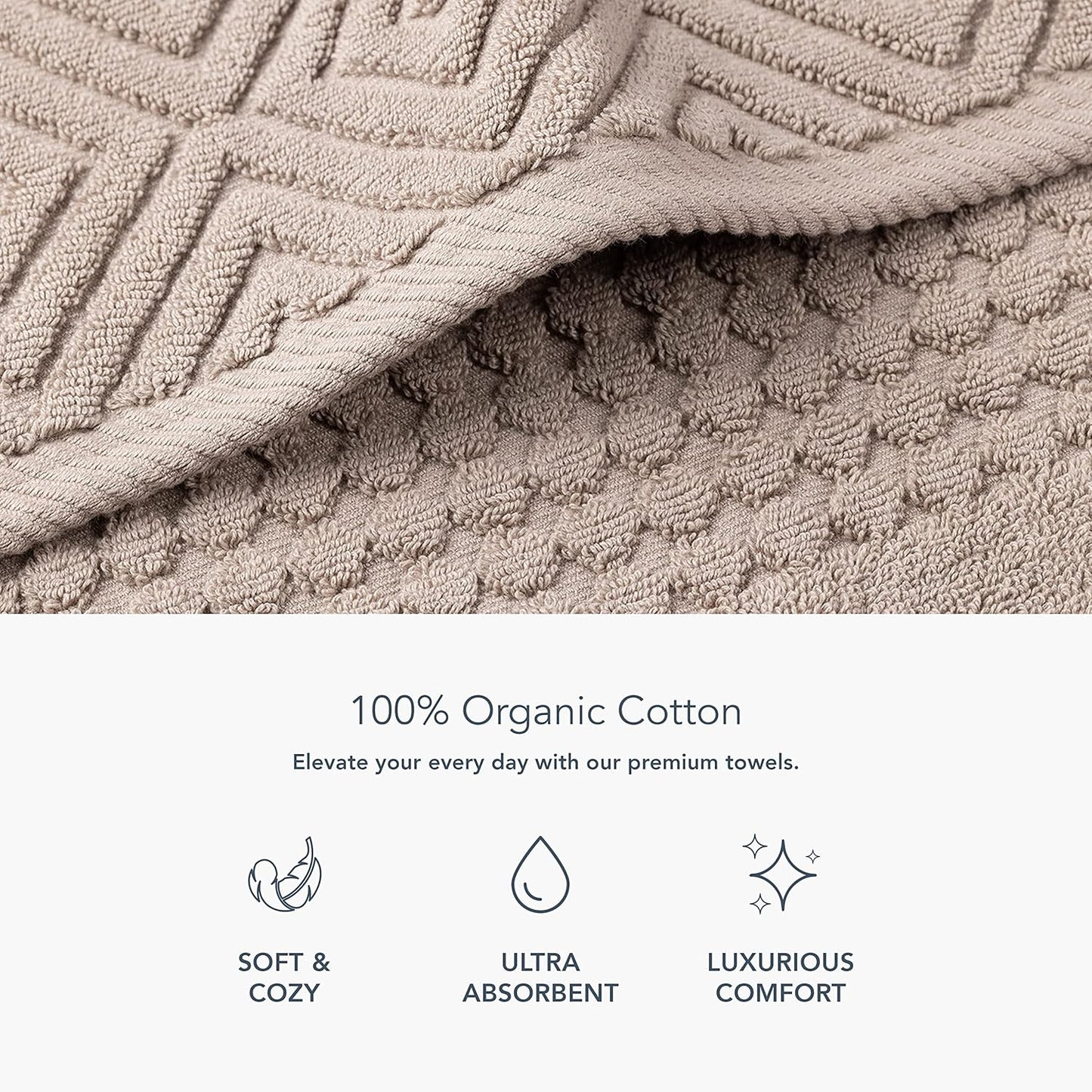 Texere 100% Organic Cotton Diamond Jacquard 700 GSM Luxury Bath Towel Sets - 2 Large Bath Towels, 2 Hand Towels, 2 Washcloths (Diamond, Oxford Tan, 6 Piece)