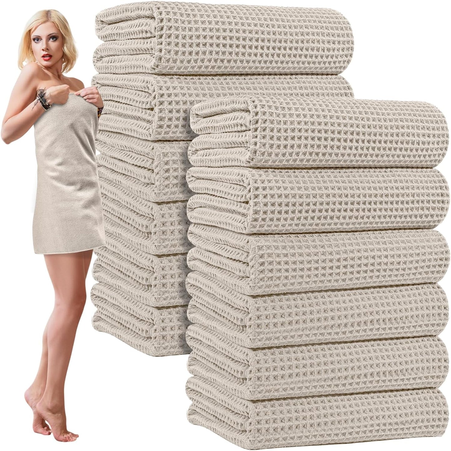 12 Pack Microfiber Bath Towels Bulk 27'' x 60'' Oversized Size Bath Towel Highly Absorbent Extra Large Soft Drying for Shower Beach Salon Winter Sport Spa Gym (Waffle,Beige)