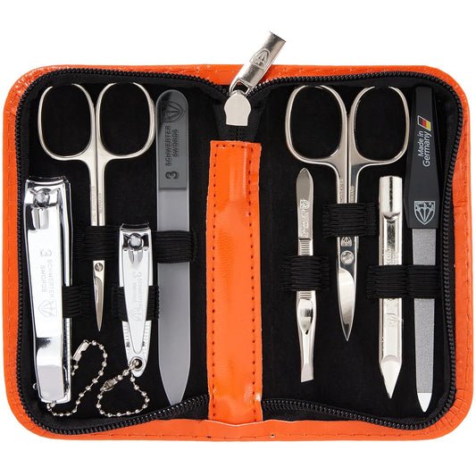 3 Swords Germany - brand quality 8 piece manicure pedicure grooming kit set synthetic leather case orange - Made in Germany