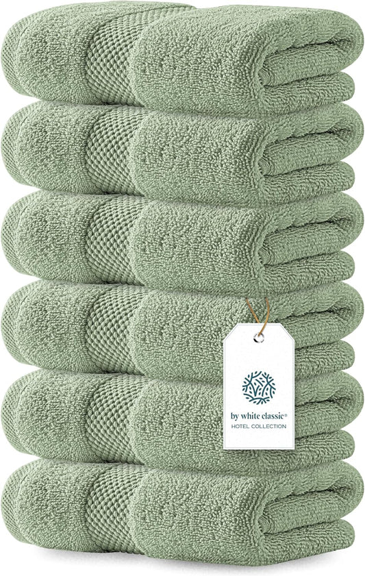 White Classic Luxury Light Green Hand Towels - Soft 100% Turkish Cotton | Highly Absorbent Hotel spa Bathroom Towel Collection | 16x30 Inch | Set of 6