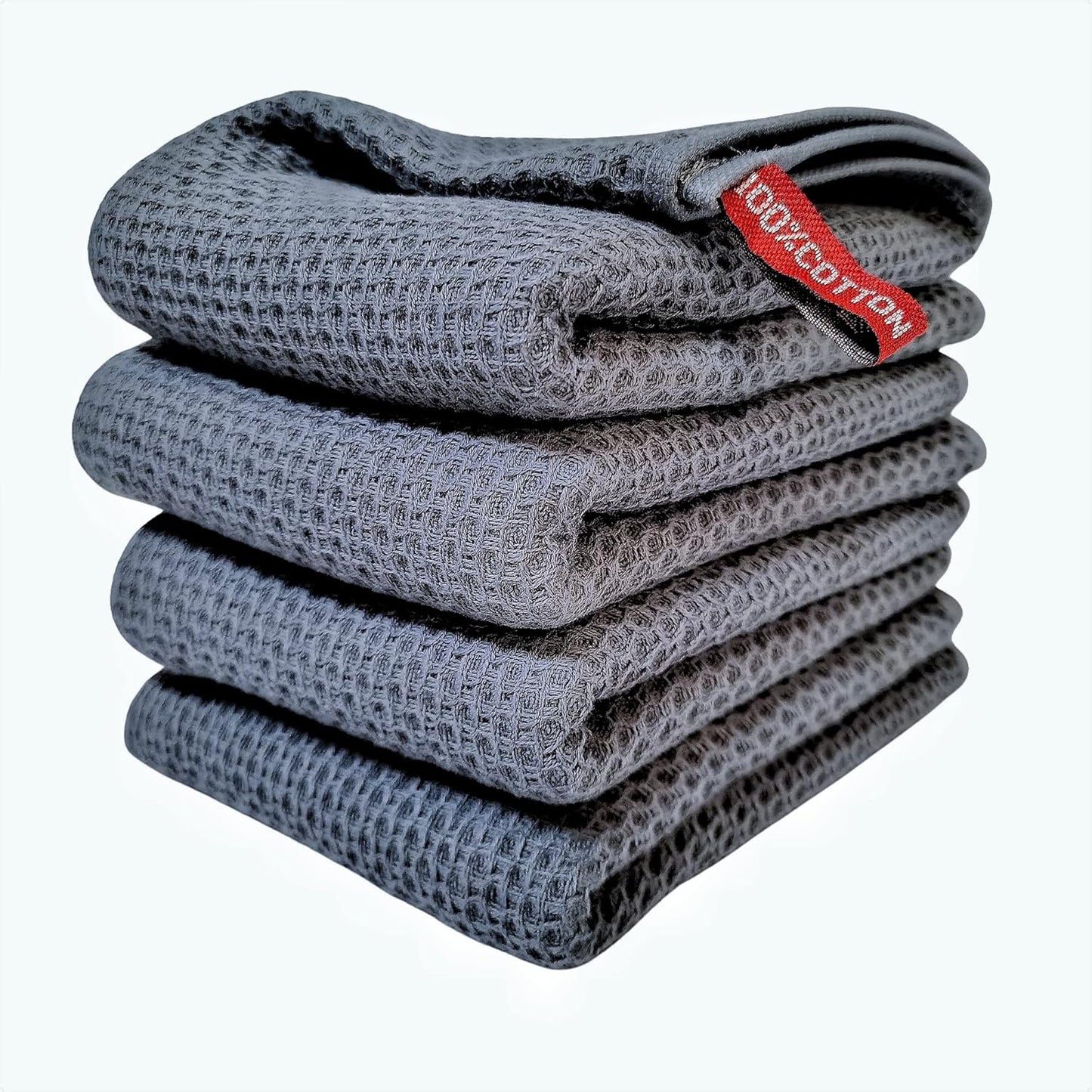 Kitchen Towels 100% Cotton Waffle Weave Dish Towel for Cleaning Drying Dishes Extra Absorbent and Soft, Dish Cloth,13 x 28 Inch(Darkgrey-4 Pack)