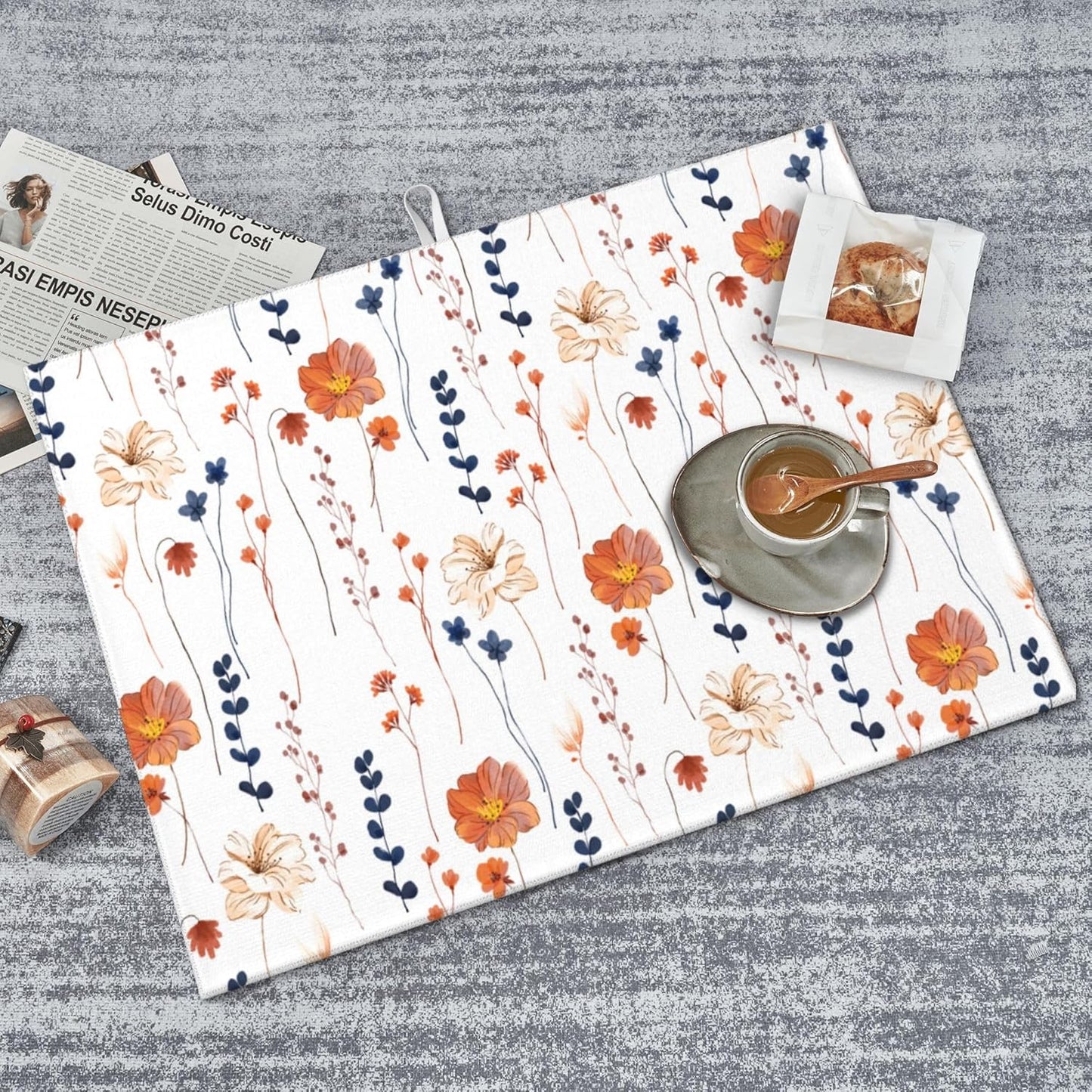 Orange Flower Decorative Dish Drying Mat for Kitchen Counter Watercolor Orange Floral Drying Pad 18x24 Inch Modern Absorbent Reversible Dish Drainer Rack Mats