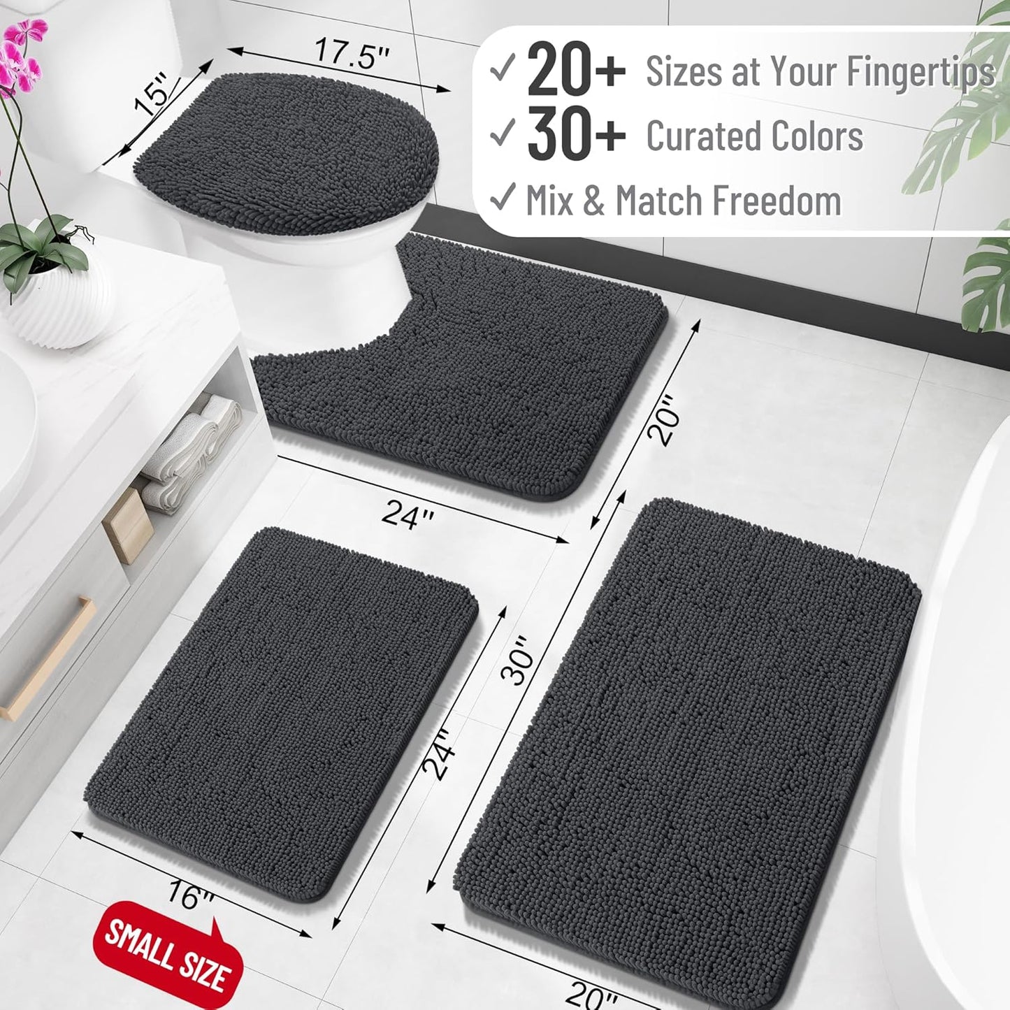 OLANLY Bathroom Rugs 30x20, Extra Soft Absorbent Chenille Bath Rugs, Rubber Backing Quick Dry, Machine Washable Bath Mats for Bathroom Floor, Tub and Shower, Home Decor Accessories, Dark Grey