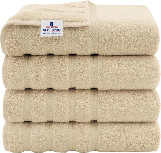 American Soft Linen Luxury 4 Piece Bath Towel Set, 600 GSM 100% Cotton Turkish Bath Towels for Bathroom, 27x54 in Extra Large Bathroom Shower Towels, Beige