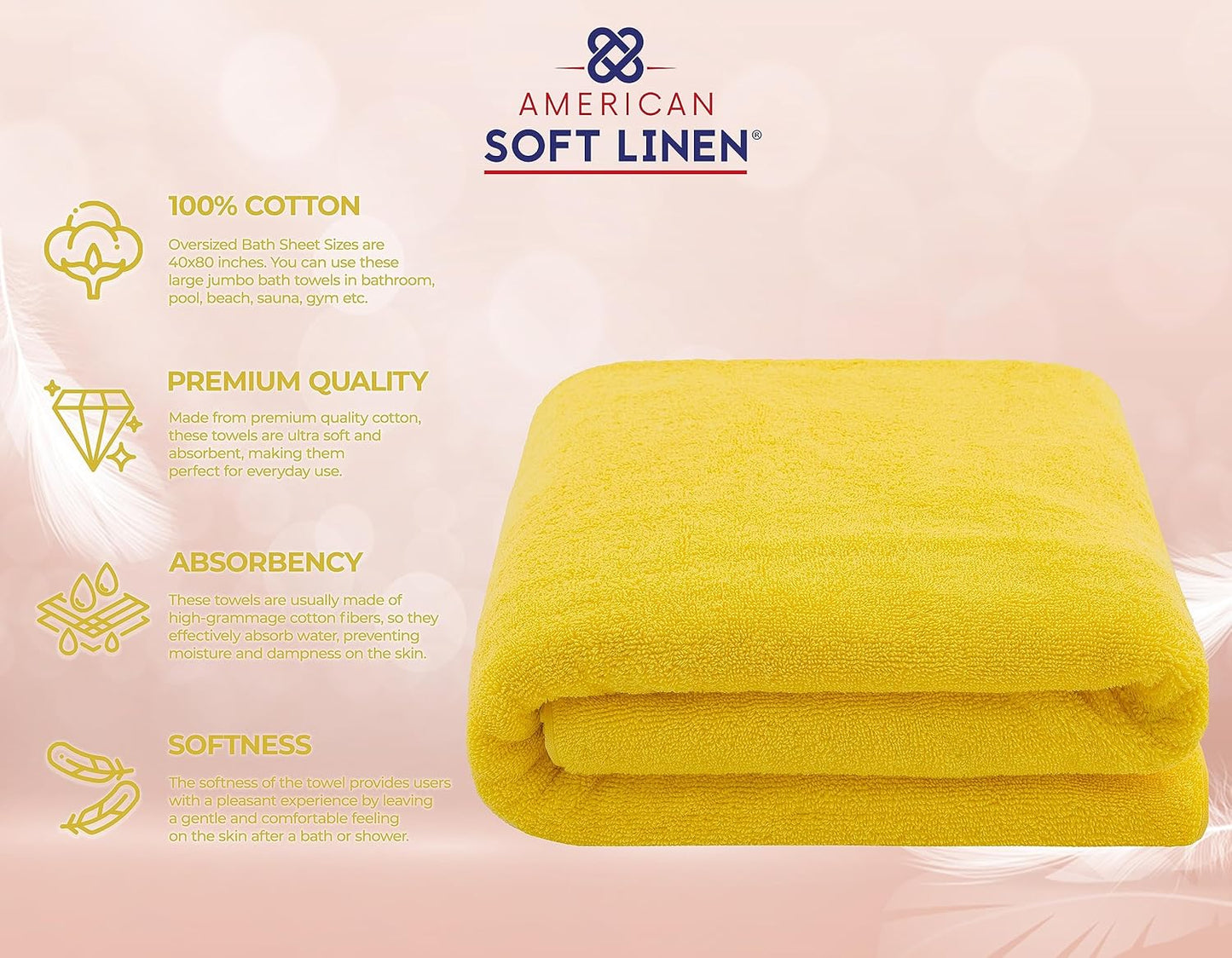American Soft Linen Oversized Bath Sheet 40x80 Extra Large for Bathroom, 600 GSM 100% Cotton Turkish Jumbo Bathsheet Towels for Adults, Yellow Bath Sheet