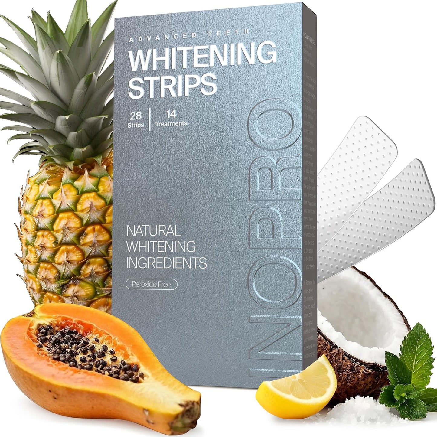 Natural Teeth Whitening Strips Kit 14 Treatments - Sensitive Teeth Whitener, Peroxide Free with Papain, Bromelain, Coconut Oil, White Strips for Teeth Whitening (28 Strips)