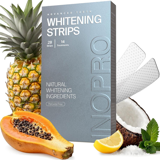 Natural Teeth Whitening Strips Kit 14 Treatments - Sensitive Teeth Whitener, Peroxide Free with Papain, Bromelain, Coconut Oil, White Strips for Teeth Whitening (28 Strips)