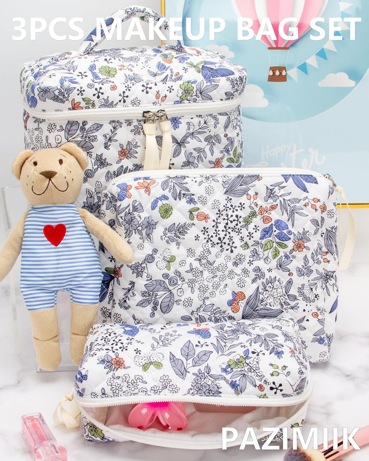 PAZIMIIK 3PCS Makeup Bag SET Large Travel Quilted Zipper Soft Cosmetic Case Pouch for Women Girls Make Up,Leaf White