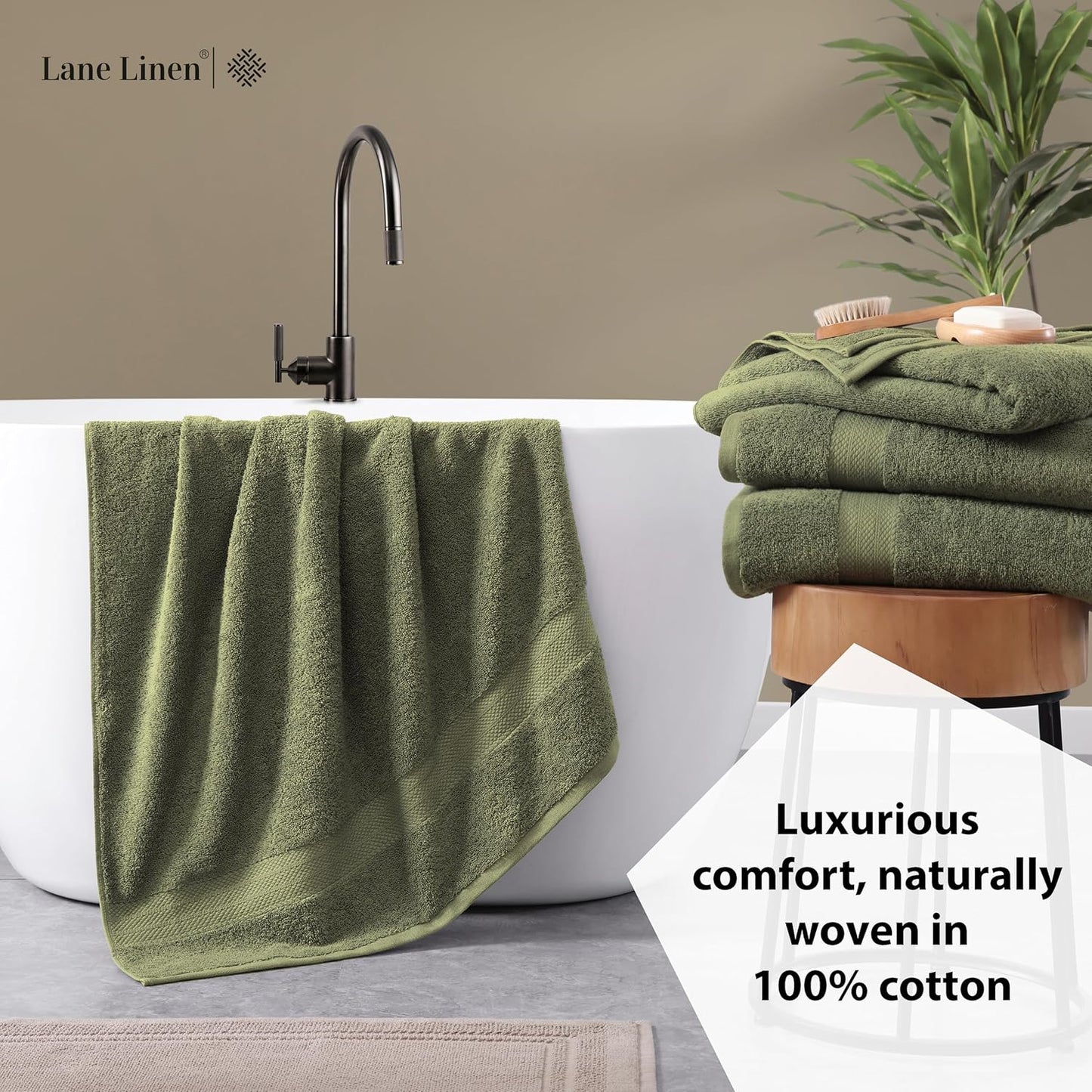 Lane Linen 100% Cotton 4 Pack Bath Towels (28"x54") - Ring Spun Mercerized Cotton Bathroom Towels Set - Quick Dry, Highly Soft & Absorbent Large Bath Towels - Tumble Dry Regains Fluffiness - Oil Green