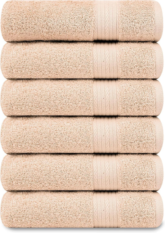 Ample Decor Hand Towel 18 X 28 Inch Pack of 6 600 GSM 100% Cotton,Oeko Tex Certified Soft Absorbent Thick Durable Premium Quality, for Hotel, Bathroom,Spa,Daily Use,Gym-Machine Washable-Beige