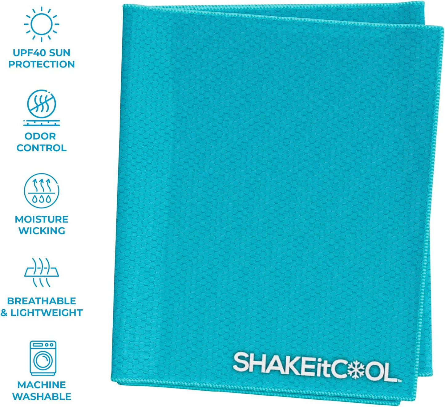 SHAKEitCOOL Extended Size Cooling Towel – Be Cool in Style - Heat Relief, Soft, Lightweight, Sun Protection, Easy Clean - Perfect for Biking, Hiking, Running, Yoga, Golf, Gardening - Teal M