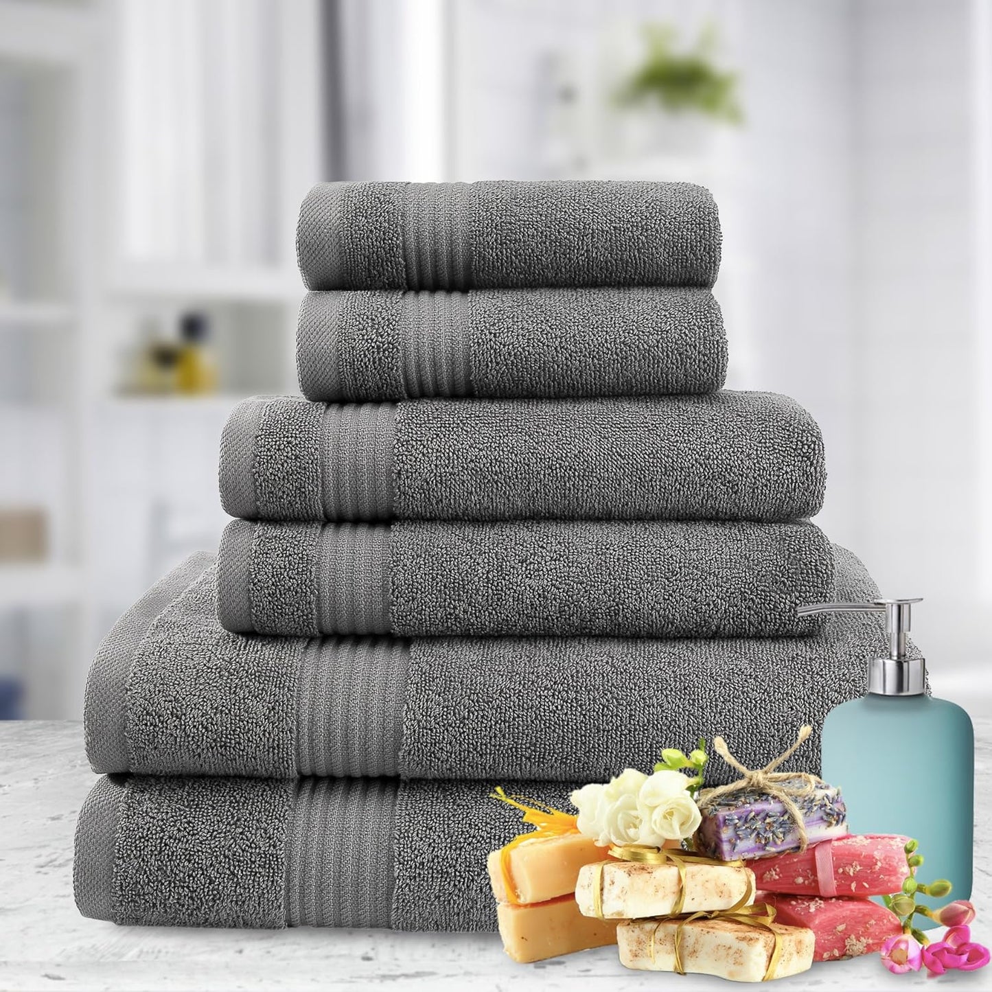 American Veteran Towel, 6 Piece Towel Set for Bathroom, 100% Cotton Turkish Bathroom Towels, 2 Bath Towels 2 Hand Towels 2 Washcloths, Dark Gray