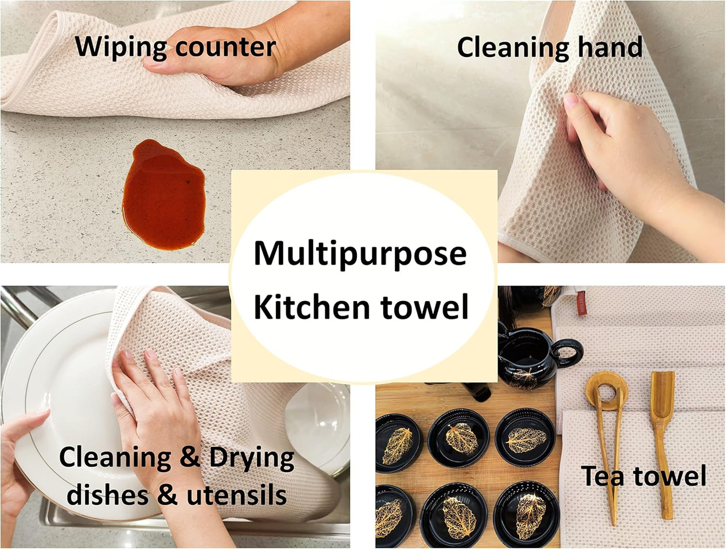 Kitchen Hand Towels 100% Cotton Waffle Weave Dish Towel for Cleaning Drying - Extra Absorbent and Soft - 13 x 28 inch (Beige+Dark Grey+Brown-6 Pack)