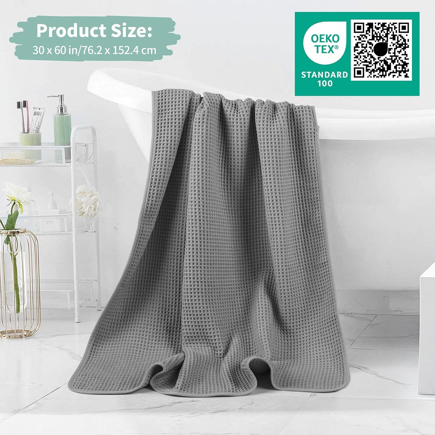 New Microfiber Waffle Bath Towels, 2 Pieces, Oversized, Soft, Absorbent, Fast Drying, Lint Free (Gray)