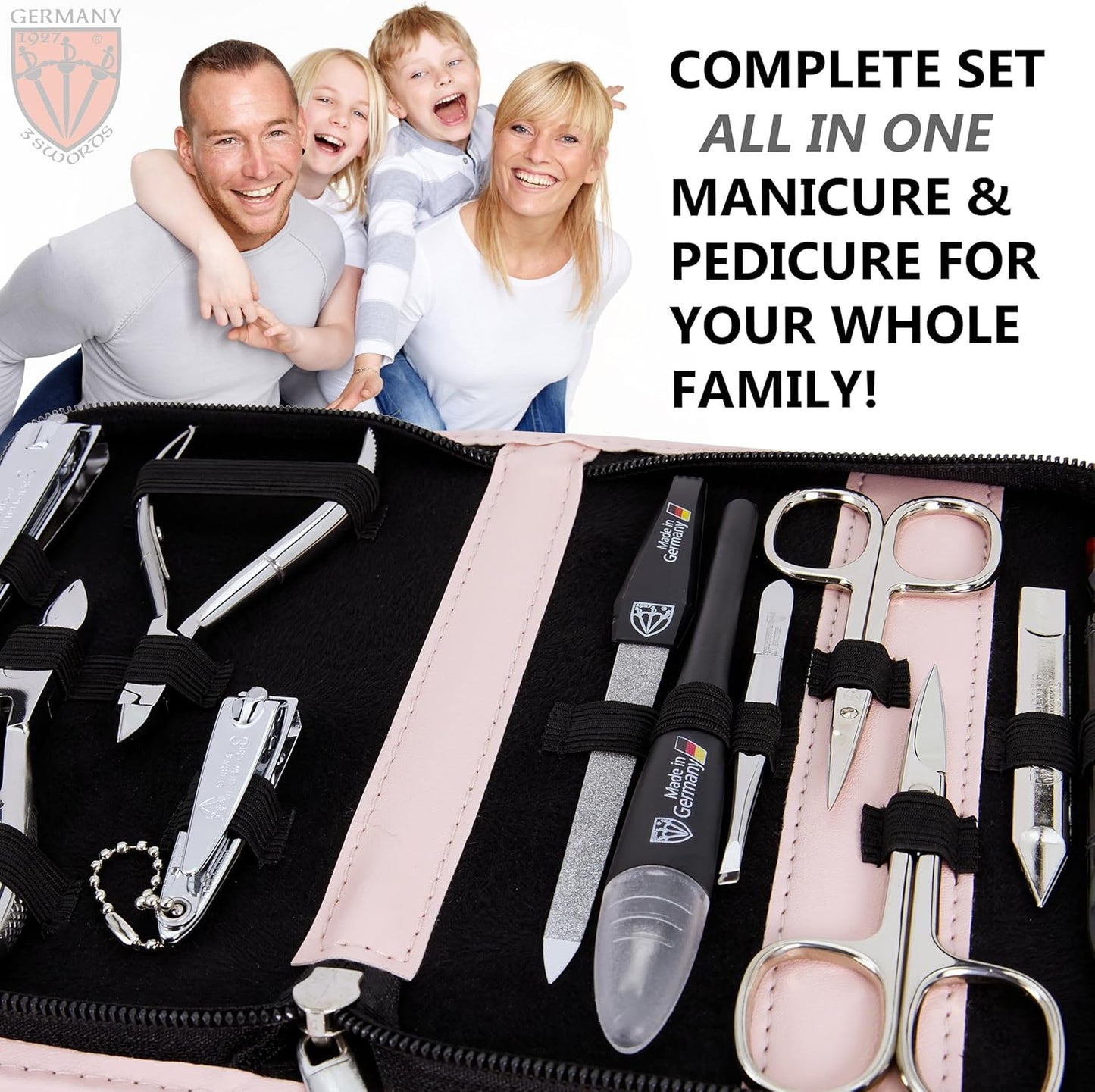 3 Swords Germany - brand quality 10 piece manicure pedicure grooming kit set for nail care scissors clipper pink synthetic leather case - Made by 3 Swords