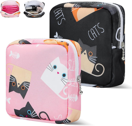 Period Bag Pouch, Canvas Sanitary Napkin Storage Bag for Girls Womens, Portable Sanitary Napkin Period Pad Pouch for Purse, Small Make Up Bags(Cat, Pink)