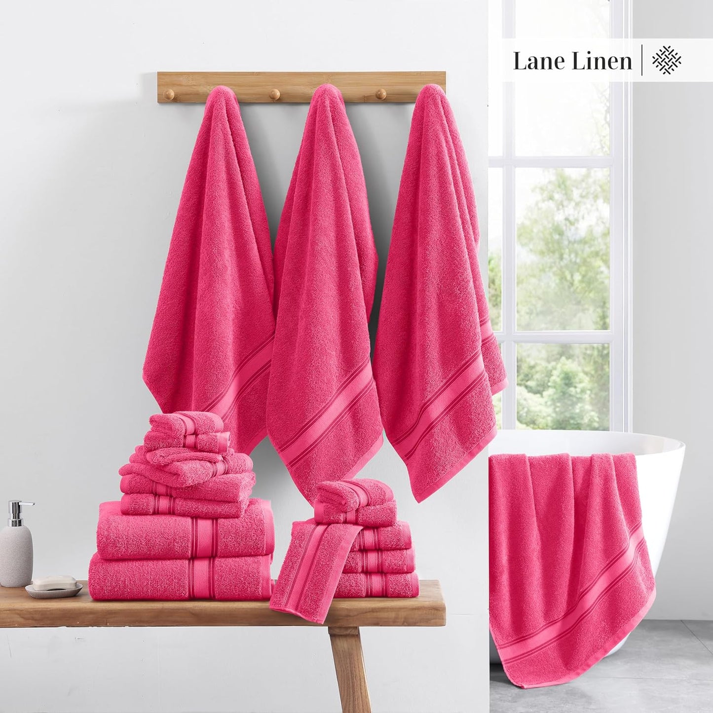 LANE LINEN 100% Cotton Luxury Bathroom Towel Set - 18 Pcs - Zero Twist, Quick Dry, Super Soft & Highly Absorbent - 6 Bath Towels, 6 Washcloths, 6 Hand Towels - Pre Shrunk & Fade Resistant - Fuschia