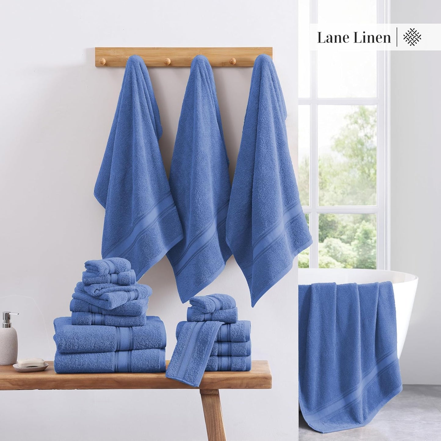 LANE LINEN 100% Cotton Luxury Bath Towel Set - 18 Pieces - Zero Twist, Quick Dry, Super Soft & Highly Absorbent - 6 Bath, 6 Washcloths, 6 Hand Towels for Bathroom - Pre Shrunk - Cerulean Blue