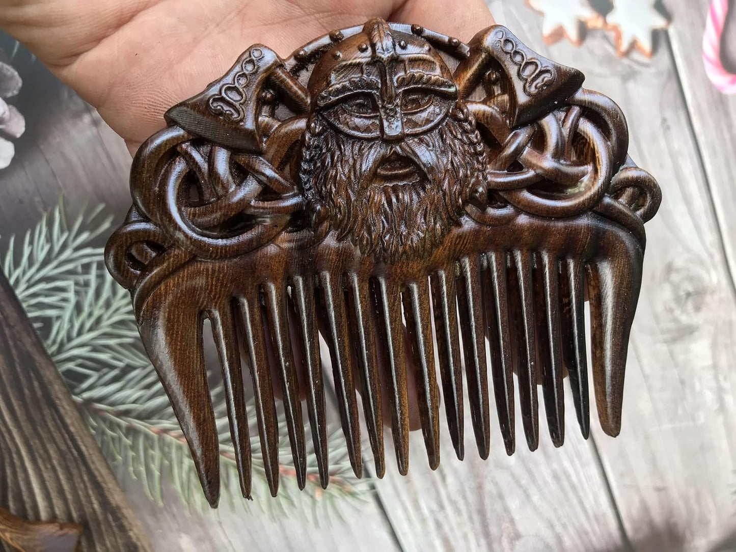 Handicraftviet Hand-Carved Wooden Comb, Wood Viking Comb for Men's Hair, Beard, and Mustache, Unique Gifts for Dad; Grandpa- Viking 1