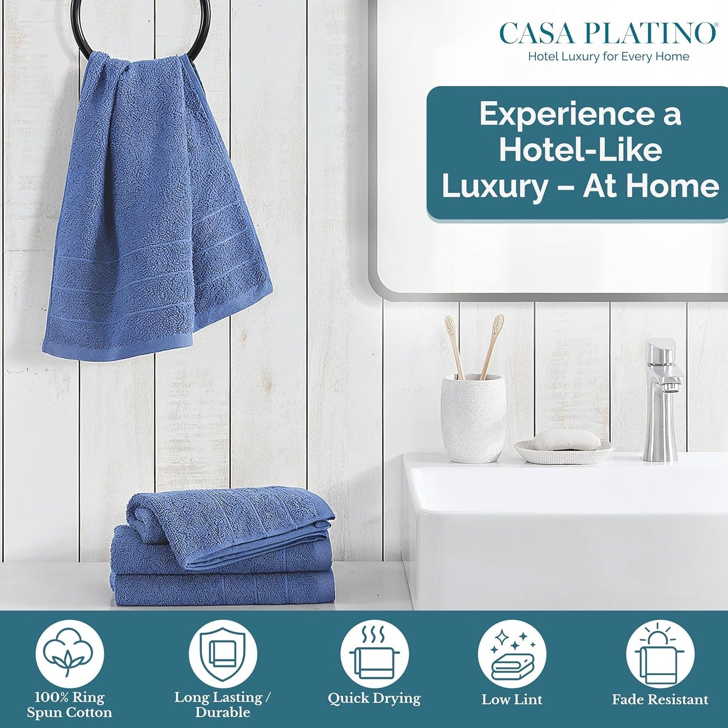 Casa Platino 100% Cotton Hand Towels for Bathroom Set of 4 (16"x28") - Spa & Hotel Quality - Ring Spun - Quick Dry, Soft & Absorbent Bath Hand Towel 4 Pack - Suitable for All Skin Type - Cerulean Blue