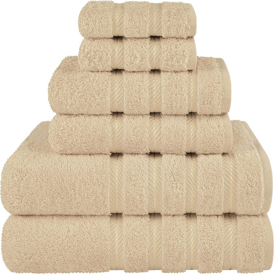 American Soft Linen Luxury 6 Piece Towel Set, 2 Bath Towels 2 Hand Towel 2 Washcloths, 600 GSM 100% Cotton Turkish Towels for Bathroom, Beige Towel Sets