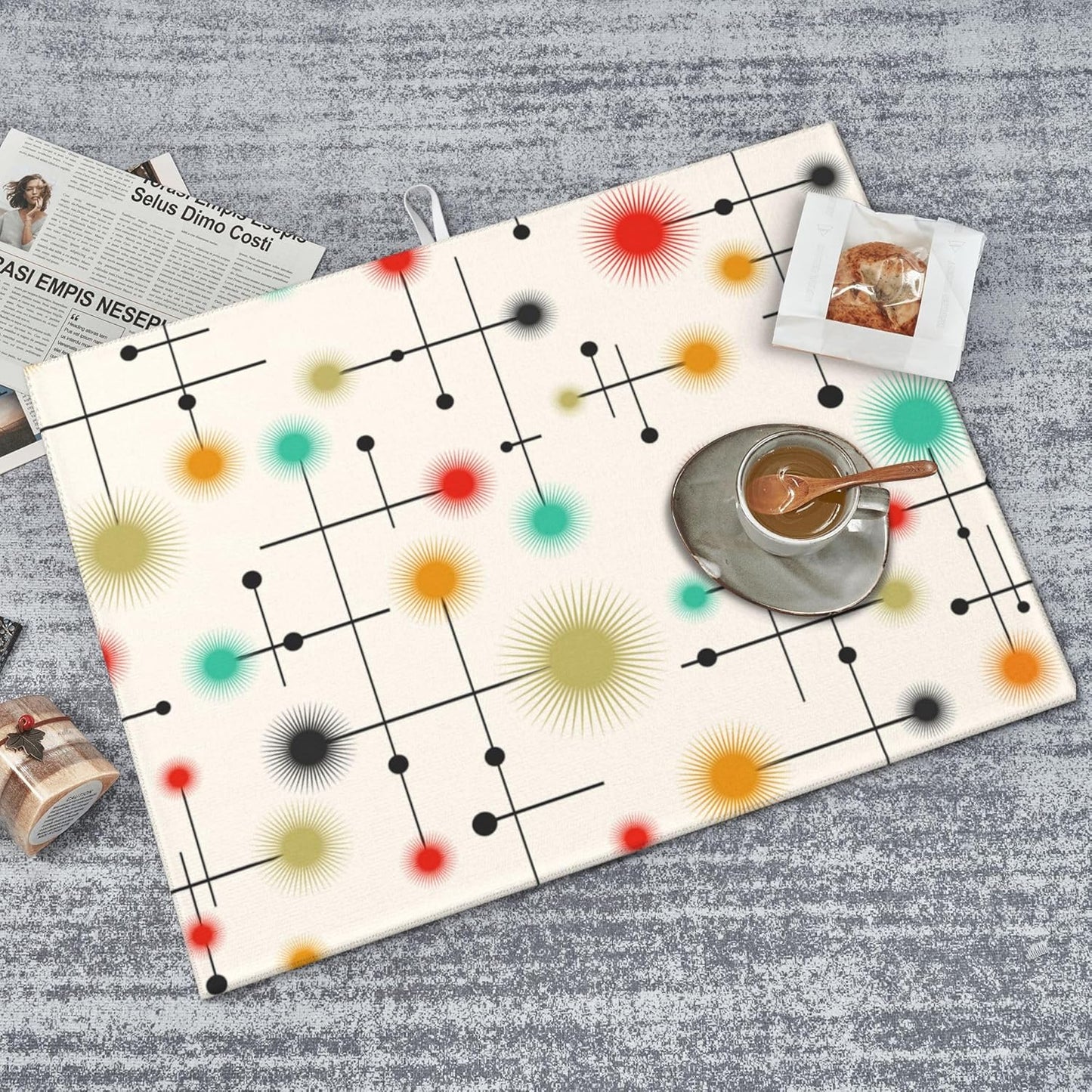 Mid Century Modern Dish Drying Mat for Kitchen Counter Abstract Modern Absorbent Reversible Atomic Retro Drying Pad Yellow Decor Dish Drainer Rack Mats 18"x24"