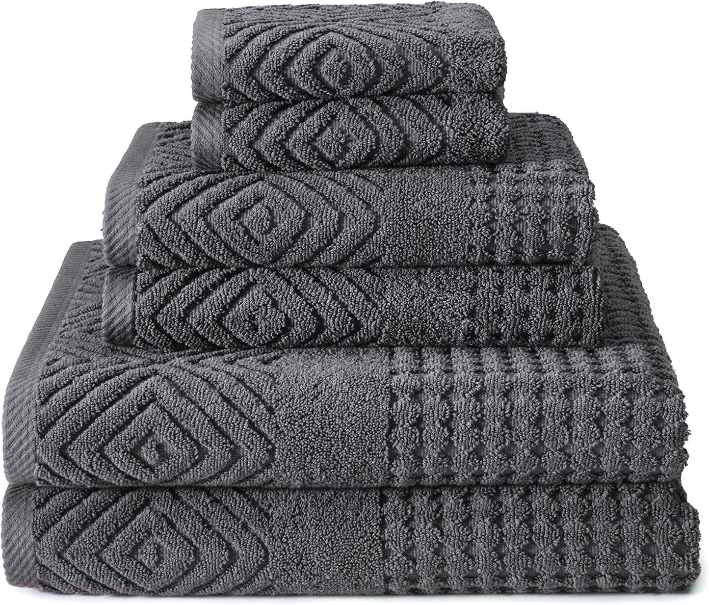 Texere 100% Organic Cotton Diamond Jacquard 700 GSM Luxury Bath Towel Sets - Ultra Soft and Absorbent Hotel Quality, 2 Large Bath Towels, 2 Hand Towels, 2 Washcloths (Diamond, Charcoal, 6 Piece)